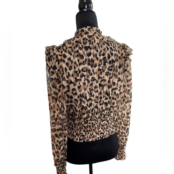 Free People Leopard Mesh Smocked Top | Size XS | Sheer Puff Sleeve Blouse - Picture 4 of 9